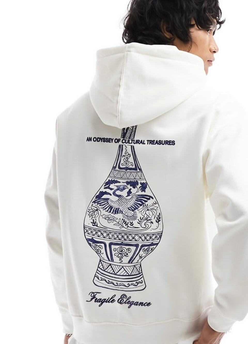 ASOS Pull&Bear Hoodie Men’s Sz M Pottery Chinese Asian Artsy Sweatshirt Hip Hop